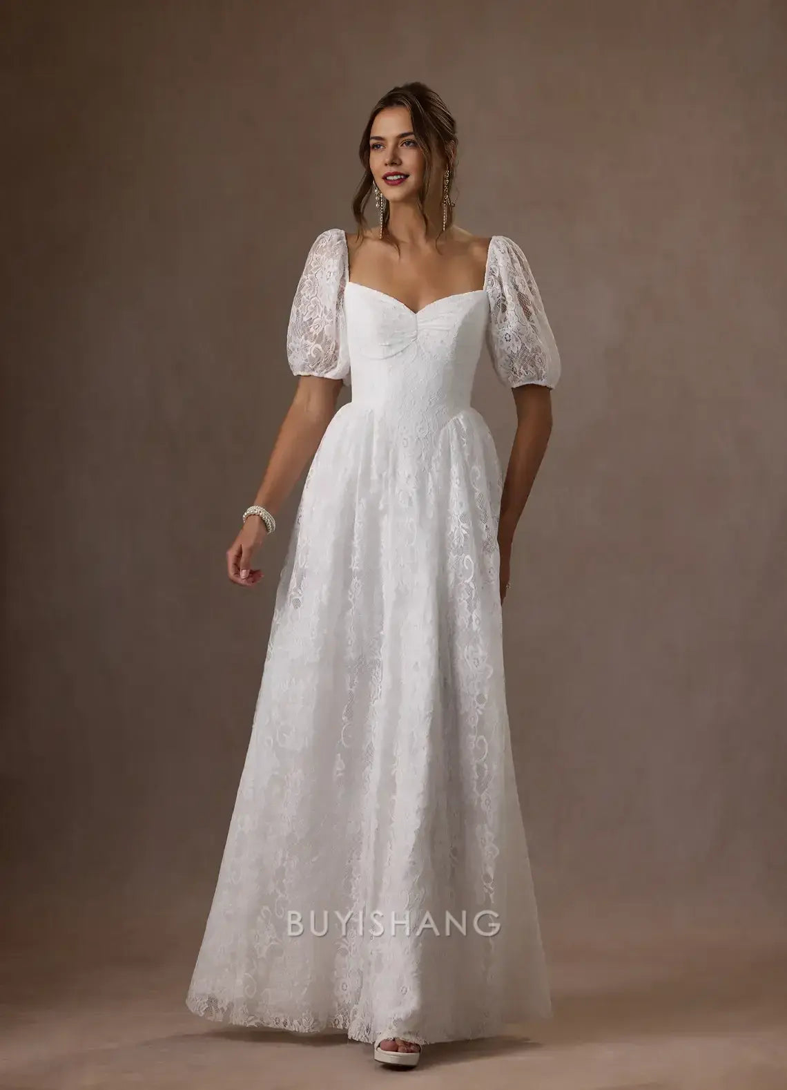 Elegant Off - Shoulder Lace Puff Sleeve Maxi Dress with Bow Back Prom Dresses